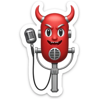 Minimalist emoji-style sticker of a classic retro microphone with small devil horns and a subtle tail wrapping the base. Grayscale with slight red accents.
 sticker