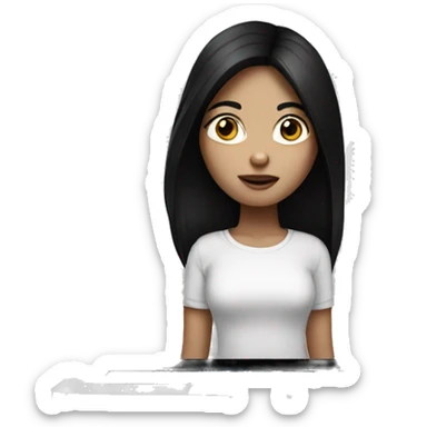 Girl with dark black hair black eyes and white skin hold macbook sticker