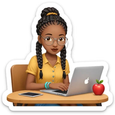 stylish black girl with braids typing on an Apple laptop, playful, bright atmosphere sticker