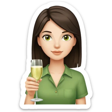 Girl with dark brown hair wearing a green shirt and holding a champagne glass sticker