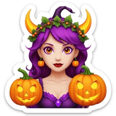 female-succubus-emoji,-red-skin,-purple-eyes,-elegant-face,-pumpkin-wreath-on-head,-with,-holding-small-glowing-pumpkin-lantern,-halloween-fantasy sticker