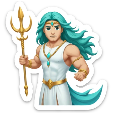 Muscular turquoisecolored long hair man white dress gold bracelet holding trident sticker