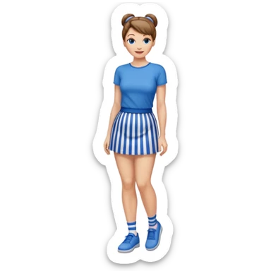 Pretty 50-year-old woman with 1 miniskirt that is blue and white striped brown hair in bun blue eyes and pretty legs sticker