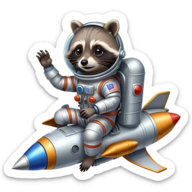 raccoon astronaut riding a rocket sticker