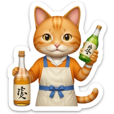 cool cat wearing an apron holding a bottle of sake sticker