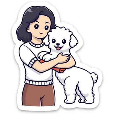 woman with long black hair holding white fluffy Bichon Frise dog sticker