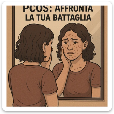 symbolic scene: woman with PCOS in front of mirror, looking at herself with expression of distress, reflection showing her suffering, Italian text: 'PCOS: affronta la tua battaglia', 4K quality sticker