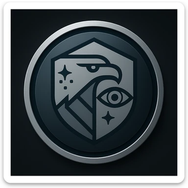 Place the logo inside a bold, modern circular badge. Maintain the minimal, futuristic, and authoritative style with dark blue, gray, and metallic silver colors. Ensure the design remains clean and recognizable at small sizes, with no background outside the circle. sticker