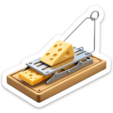 A 3D emoji in iOS emoji aesthetic style of a classic mousetrap with a wooden base and a metal spring mechanism, holding a small piece of yellow cheese, clean and detailed design, white background, glossy Apple-style rendering sticker