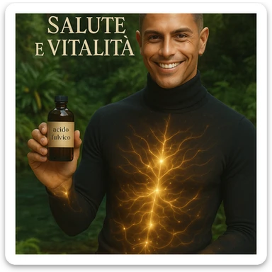 Create a vertical 9:16 wellness semi-realistic style image of a man with the face from the reference image. He is showing a bottle labeled 'acido fulvico'. Show translucent energy on the abdomen and skin. The environment is natural with plants and water. Include Italian text. sticker