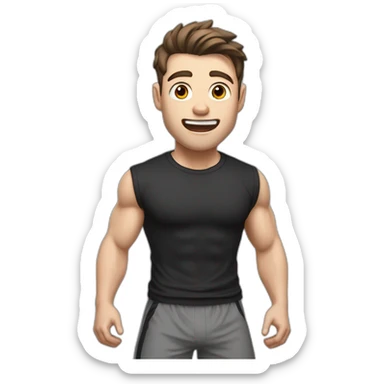 amazed Open with surprise mouth Pale skinned Fit Man With the biceps and dark brown hair in black shirt, gray sports shorts and white Sneakers sticker
