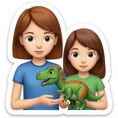 Brown haired girl giving boy a dinasour sticker