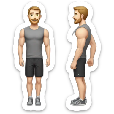 Full height Pale skinned muscular man With Realistic eyes and mouth, light brown hair and stubble In dark gray sleeveless mike, black oversize sports shorts, watch and white sneakers. sticker