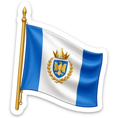 Hazme la bandera blanca con una franja azul de punta izquierda arriba a punta derecha abajo con un escudo en medio de la bandera de colores dorados sticker