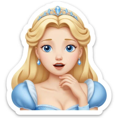 Cinematic Realistic Yawning Cinderella Portrait, showcasing lifelike porcelain skin and intricately detailed golden-blonde hair styled flawlessly as she mid-yawn reveals a moment of tender vulnerability. Her half-closed blue eyes and relaxed expression are rendered with natural, soft lighting that emphasizes the subtle textures of her face and the detailed, flowing fabric of her iconic gown. The scene glows with a cozy, authentic warmth that captures a rare, intimate moment of repose. sticker