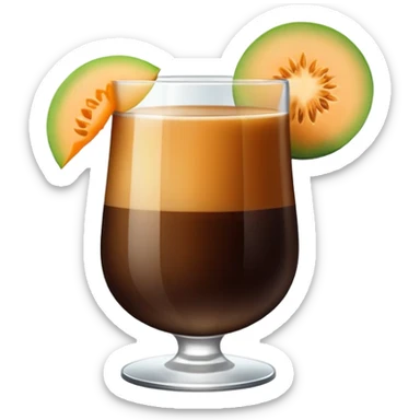 dark coffee carajillo drink in a glass with a slice of cantaloupe melon on the side sticker