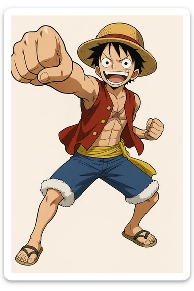 Luffy from One Piece, full body, stretching his arm, straw hat, red vest, blue shorts, anime style sticker