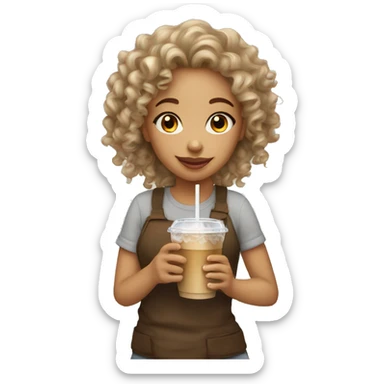 Light skinned girl with curly hair drinking iced coffee sticker