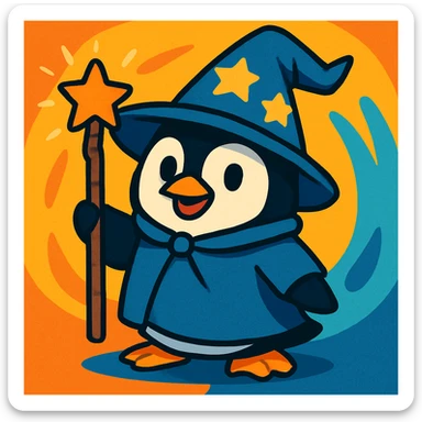 fun and whimsical penguin dressed as a wizard, with a pointed hat and a magic staff, vibrant toon style sticker