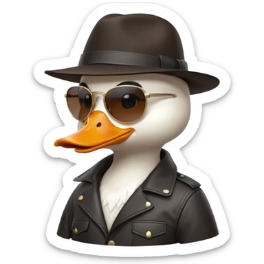 Cute white anthropomorphic duck gangster in black fedora hat, large sunglasses, orange beak, leather jacket. Glossy 3D cartoon emoji style, vibrant, detailed feathers/textures, side profile pose, transparent PNG background, ultra-detailed 8k, no text.
 sticker