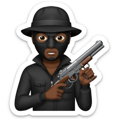 A black male in a robber mask with a gun sticker