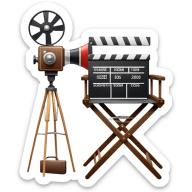 Icon for Directing: a director's chair, a film clapperboard, large movie camera, vintage megaphone and a stage with a spotlight. The icon should represent the creative and organizational aspects of directing, with focus on storytelling, staging, and performance. Transparent background. sticker