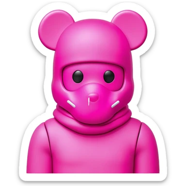 Bearbrick figure with KAWS-style X eyes, wearing a neon pink ski mask balaclava covering most of the face except for the X eyes sticker