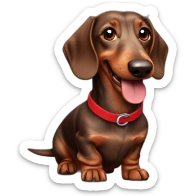 Happy brown wire-haired dachshund with red tag sticker