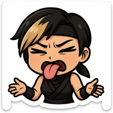 Sexy chibi ninja girl with black short hair and a blonde streak, only head and arms, colorful chibi style with bold outlines, transparent background, no mask, disgusted face with tongue sticking out and eyes squinting, sized for Twitch emoji use. sticker