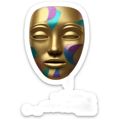 modern sculpture abstract colorful figures with a mask on a golden glittering pedestal zoomed out view of the entire statue, 4K resolution sticker