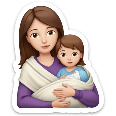 A white-skinned mother with brown hair holds her baby with white skin and brown hair in her arms, the baby is wrapped in a white blanket sticker