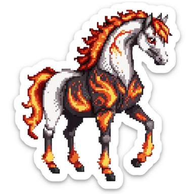 A red fire horse made of embers and magma, with visible lava flowing through its body, flames burning off its mane and tail, and ash particles surrounding it sticker