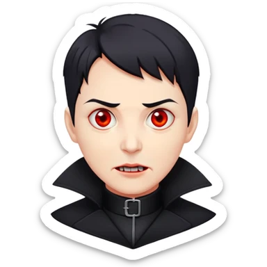 Nam 50 tuổi, mắt đỏ, da trắng, tóc ngắn màu đen, có răng nanh, mặt hơi đáng sợ, áo măng tô cổ cao màu đen sticker