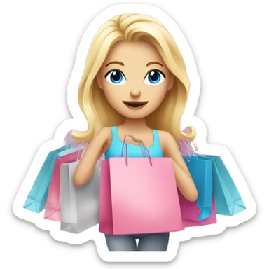 cute blonde with blue eyes surrounded by pink shopping bags sticker