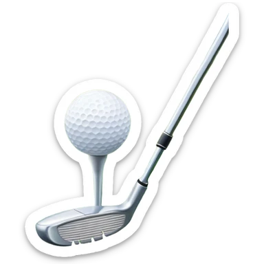 A golf ball on a tee, with a golf club placed beside it on the lush green fairway. The background shows a serene golf course with neatly trimmed grass and a clear blue sky, emphasizing the elegance and precision of the game. sticker
