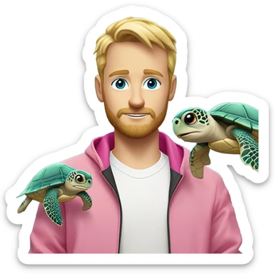 Blond man with beard and short spiked hair, blue eyes, wearing a white shirt and pink zip up wind breaker, white watch, holding a sea turtle with big eyes to the side  sticker