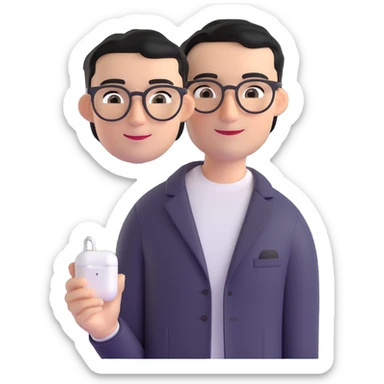 Memoji-style 3D cartoon male avatar, light skin, short black hair, side part, large round black eyes, thin arched eyebrows, small sharp nose, smiling mouth, thin round glasses, silver AirPods Max, black blazer, white T-shirt, smart relaxed, curious and attentive, podcast host sticker