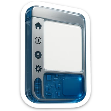 Replace the blue text area with a glossy, rounded blue computer screen style as before. Do not render any sample icons in the icon area. Keep the rest of the card unchanged: brushed metal frame, title, and icons area as one piece, white main area. No text or labels anywhere. sticker