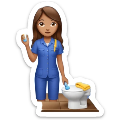beautiful girl with long brown hair constructing new bathroom area with new shower and amenities  sticker
