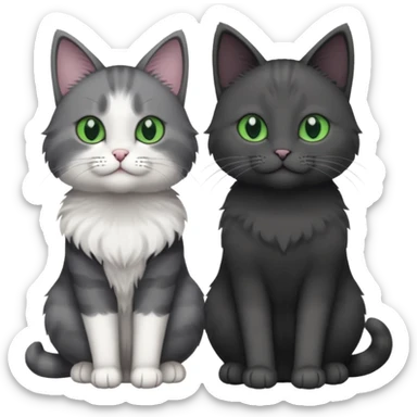 one dark grey and white cat and one completely solid dark grey cat with green eyes and only white paws sticker