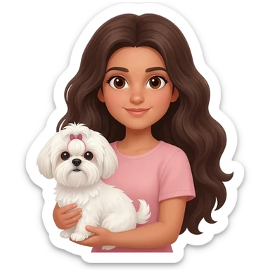 Tanned middle eastern Brunette girl with long thick hair holding white shih tzu sticker