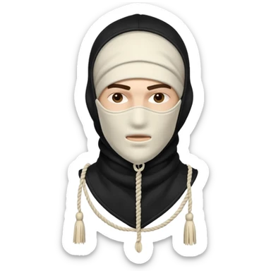 Deconstructed off-white balaclava with frayed layers, rope tassels, subtle embroidery. Studio photo, white bg, soft light. Streetwear luxury style.
 sticker