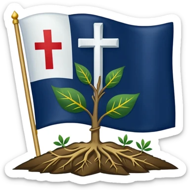 a flag with a Navy blue background with a white cross in the center, roots coming down from the bottom of the cross, a green leaf in the top right corner of the flag, and a slightly dark yellow star rising from behind the cross. sticker