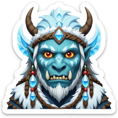 Fantasy Christmas orc shaman icon, ice spirit magic theme, glowing runes, winter tribal mask elements, mystical cold atmosphere, emoji sized portrait, male/female variant sticker