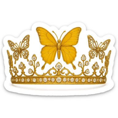 butterfly crown with a golden yellow base, one butterfly in deep yellow enamel, sparkling gems sticker