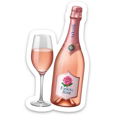 bottle of sparkling rosé with a rose logo on the label, angled to the left, no glass sticker