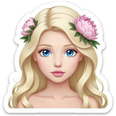 White bride with long light blonde hair and blue eyes with light pink peonies in hair white skin light pink lips sticker