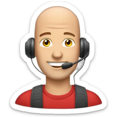 customer service bald man with headset with red t-shirt sticker