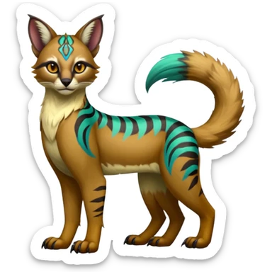 Realistic Colorful tropical tribal fruity exotic neon vibrant fantasy-caracal-civet-genet-sergal-vernid-Gryphon-Cacomistle-Trico-oncilla-animal-Fakémon-hybrid-fursona (full body), facial markings, (realism style) sticker
