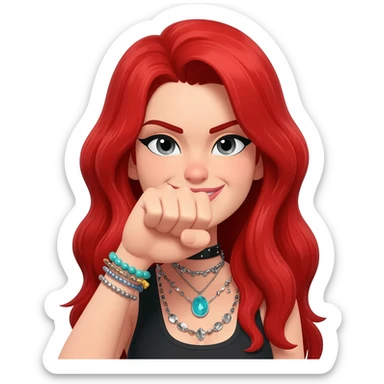 Not showing finger but fist on mouth and blowed mouth....she is red hair and tacky jewellery and cool....the hand is on her mouth and she is smirking and long hair sticker